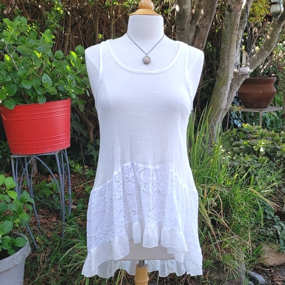 Orange Creek White Boho Lace High Low Tank Top Size L - Picture 10 of 10